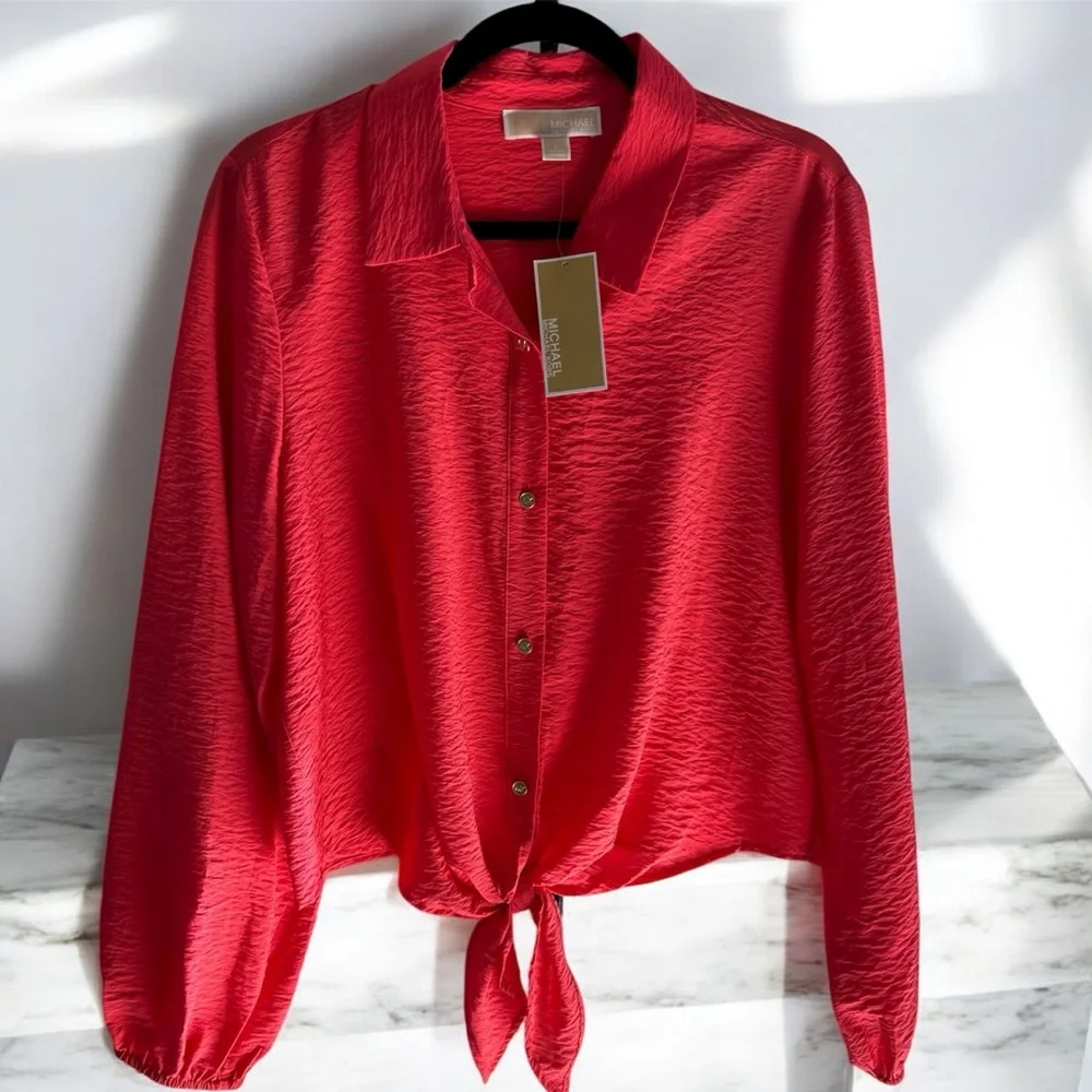 Michael Kors Red Button-Down Shirt with Tie Front - Picture 1 of 8